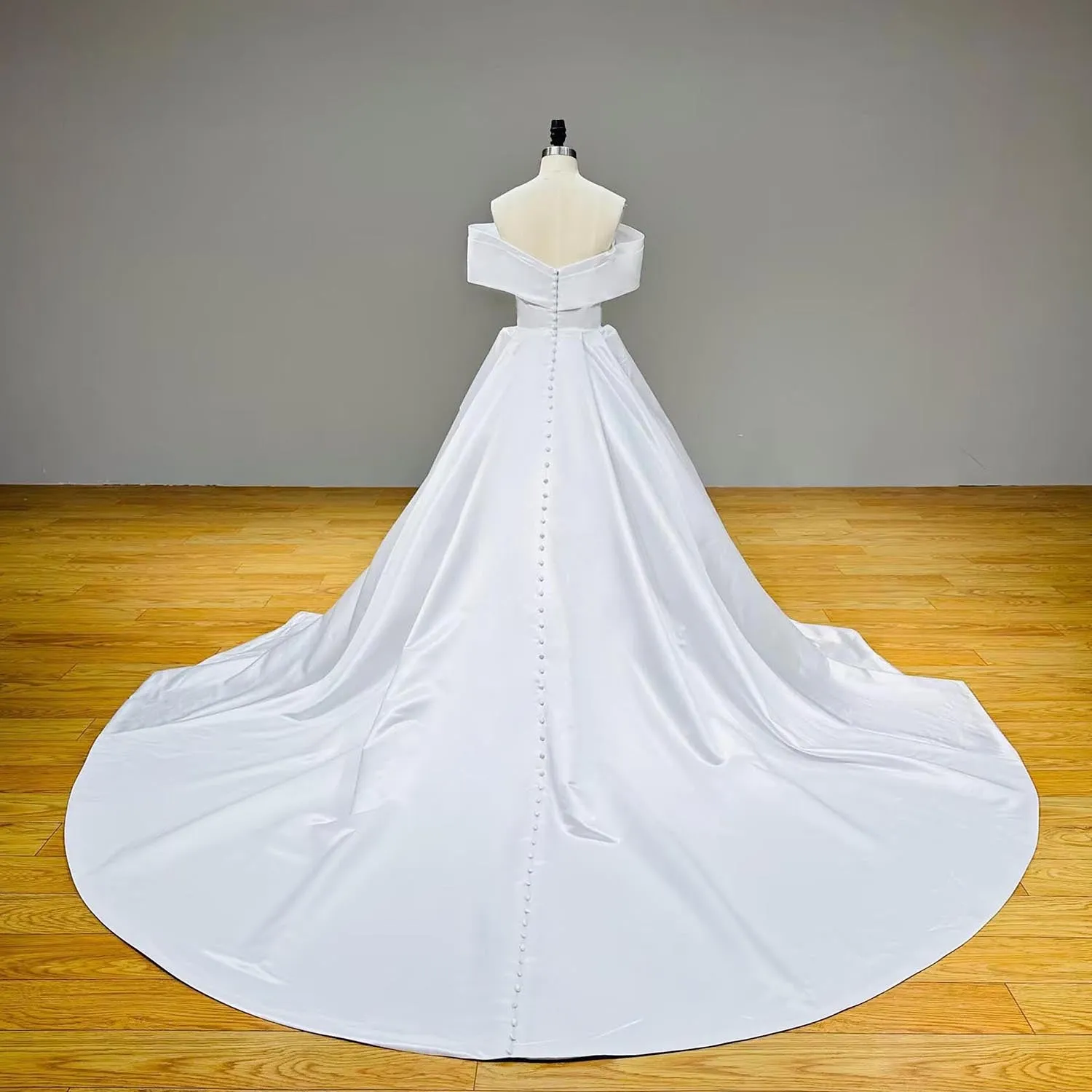 Off the Shoulder High-Quality Satin Ball Gown Wedding Dress with Button Back and Zipper