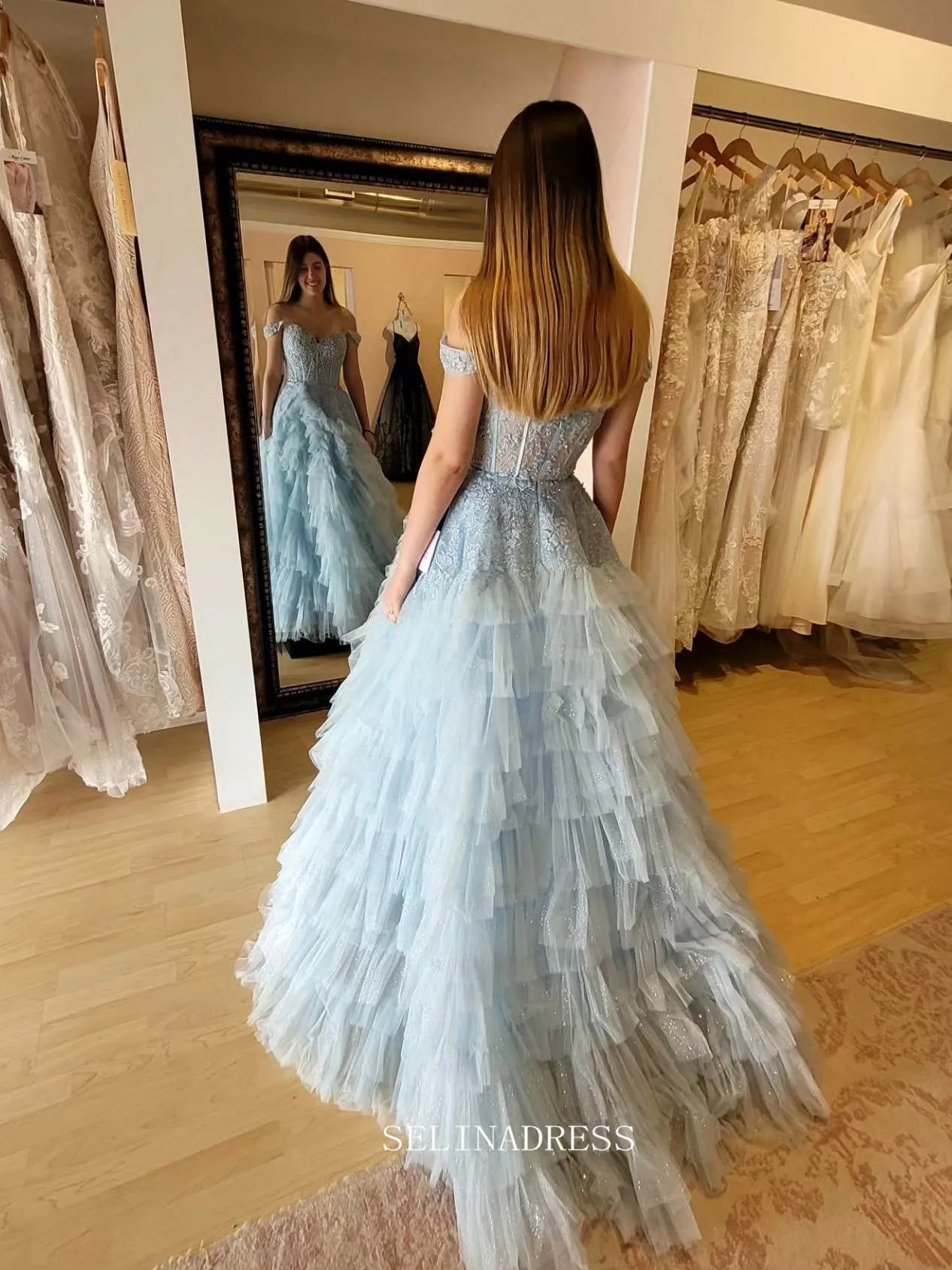 Off-the-shoulder Light Sky Blue Lace Long Prom Dress Tiered Evening Dress sew1043