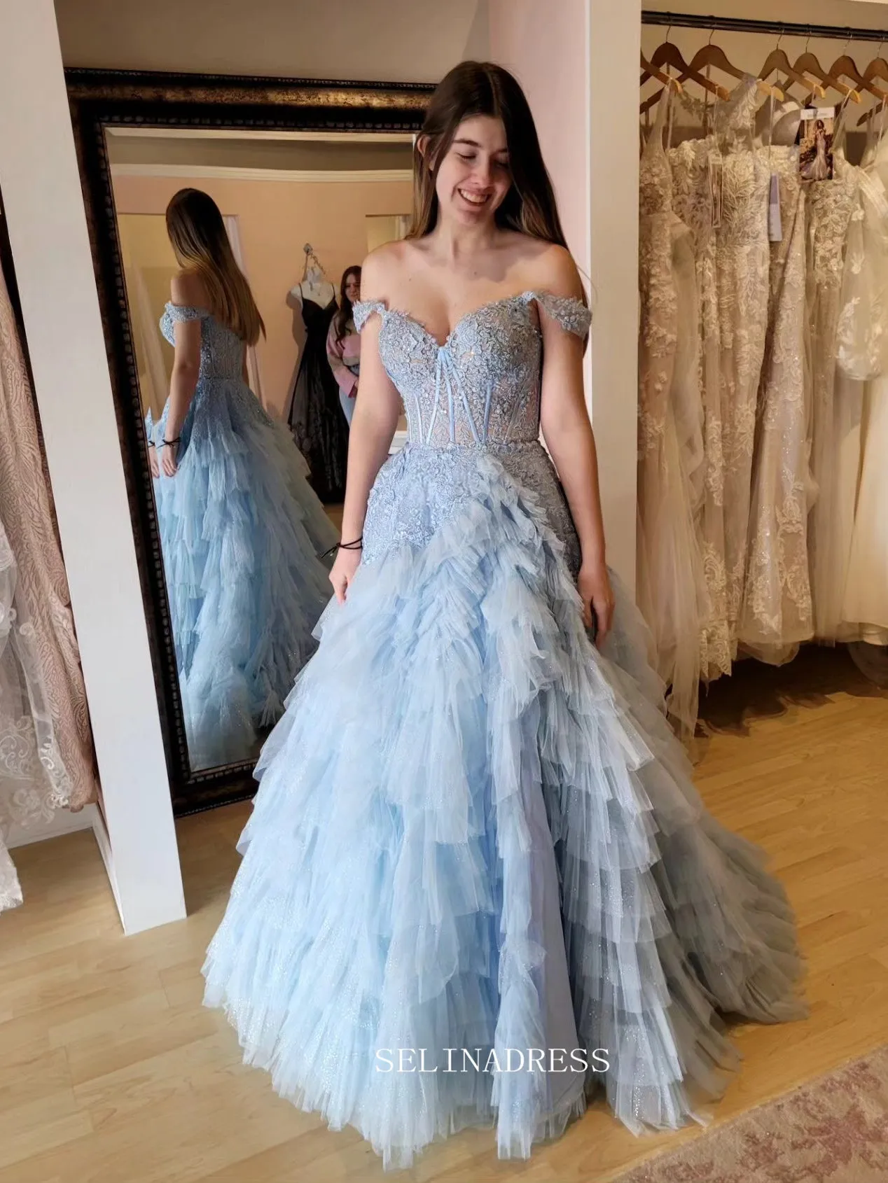 Off-the-shoulder Light Sky Blue Lace Long Prom Dress Tiered Evening Dress sew1043