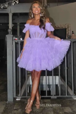 Off-the-shoulder Lilac Tulle Homecoming Dresses Hoco Dress #EWR553