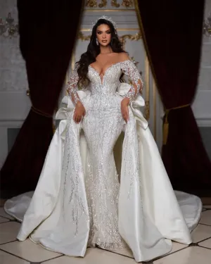 Off The Shoulder Long Sleeve Shiny Beading Crystal Mermaid Wedding Dress