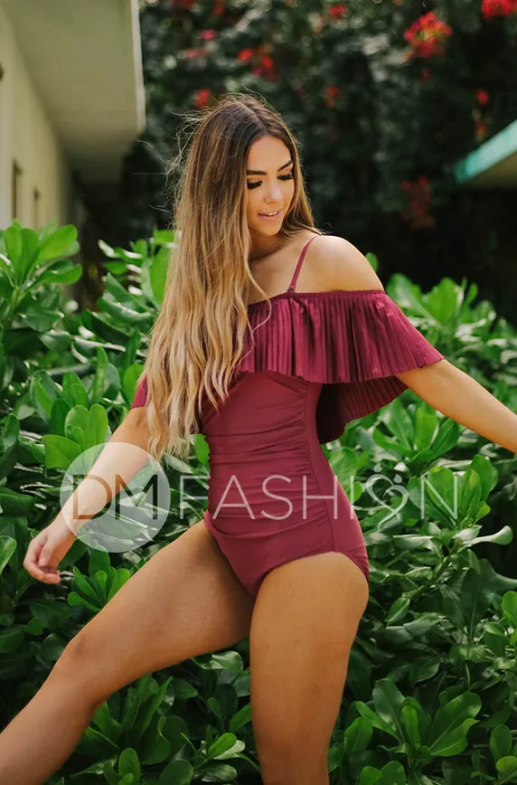 Off The Shoulder Red Plum Pleated Ruched One Piece - FINAL SALE