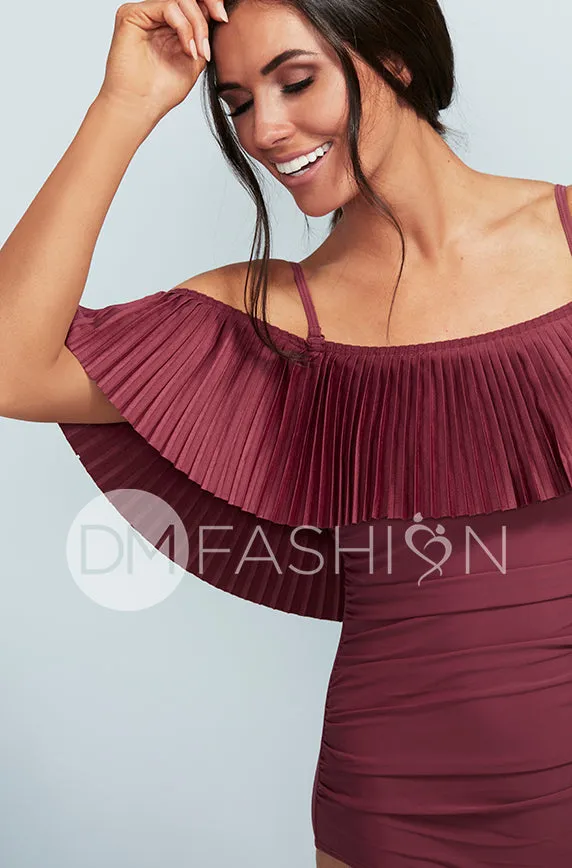 Off The Shoulder Red Plum Pleated Ruched One Piece - FINAL SALE