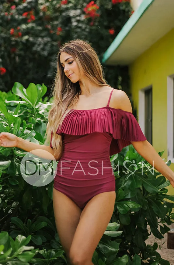 Off The Shoulder Red Plum Pleated Ruched One Piece - FINAL SALE