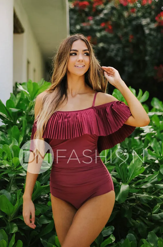 Off The Shoulder Red Plum Pleated Ruched One Piece - FINAL SALE