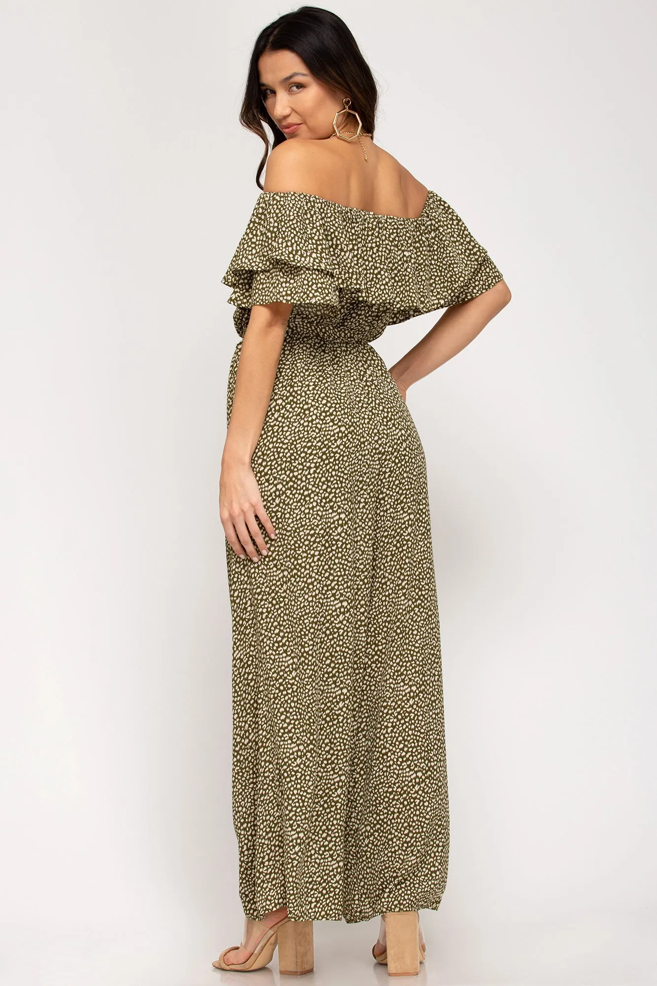 Off-the-shoulder ruffled woven printed jumpsuit with waist sash and lining