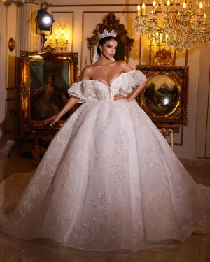 Off The Shoulder Short Sleeve Sweetheart Neck Ball Gown Wedding Dress