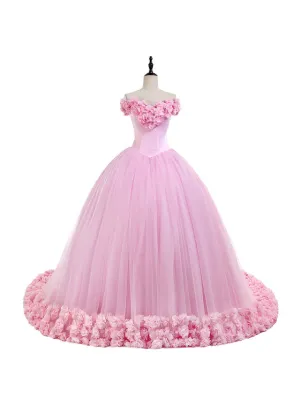 Off the Shoulder Sweet 16 Dress Pink 3D Flowers Tulle Quinceanera Dresses