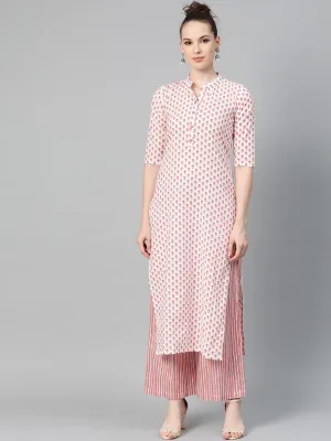 Off white & Pink Floral Printed kurta set with striped Pallazo