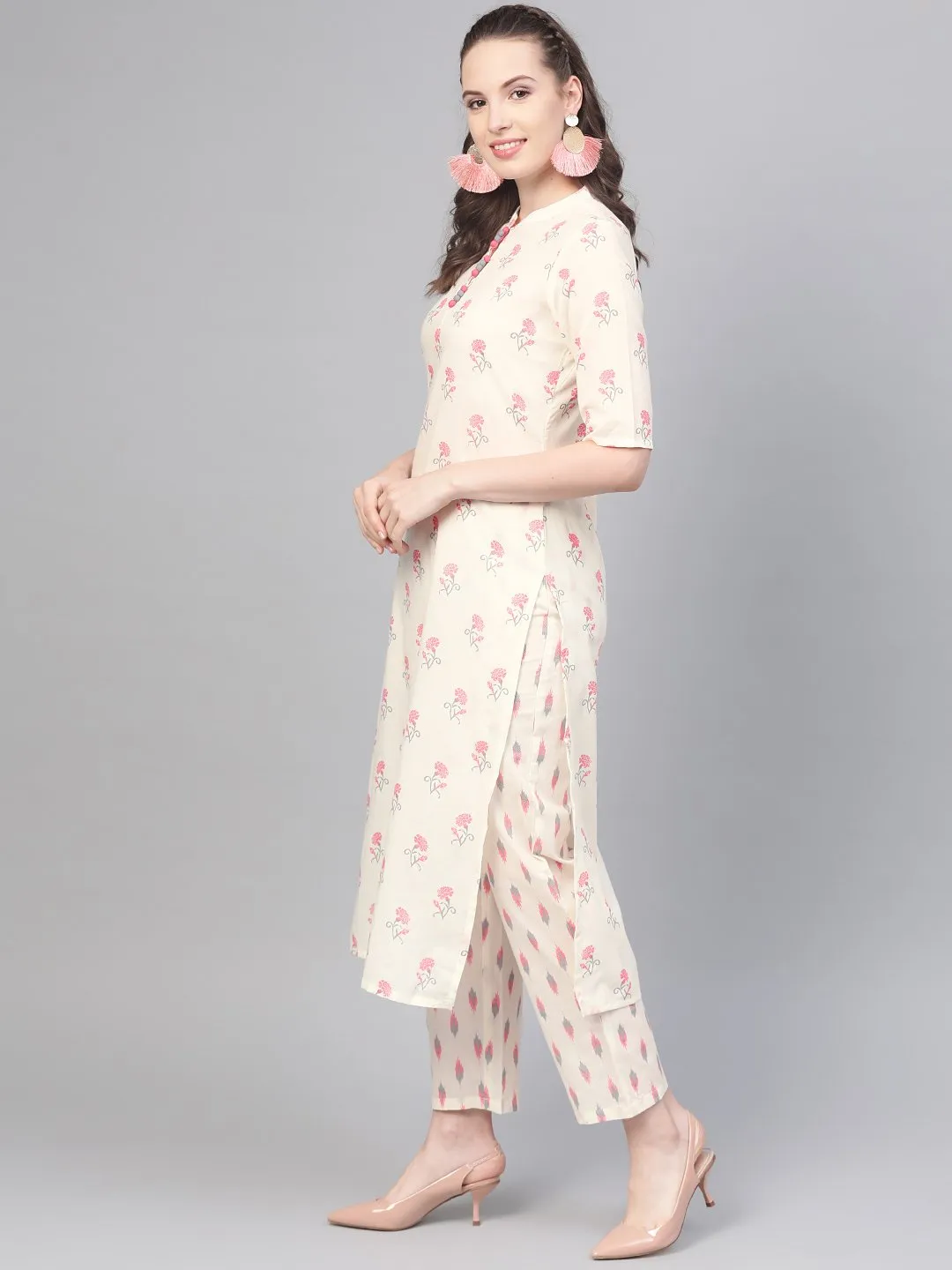 off white & pink floral printed kurta with ikkat printed pallazo & dupatta