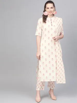 off white & pink floral printed kurta with ikkat printed pallazo & dupatta