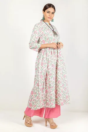 Off-White & Pink Hand Block Printed Kurta