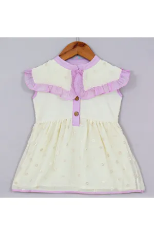 Off White And Lavender Peter Pan Collar Chanderi Dress