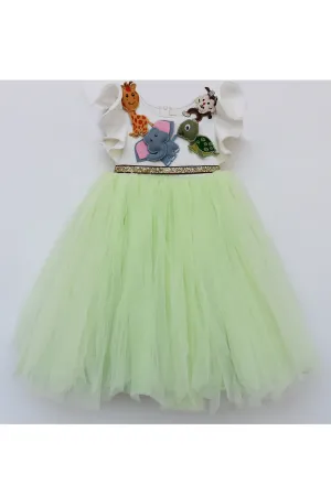 Off white and mint green net with animals motifs gown