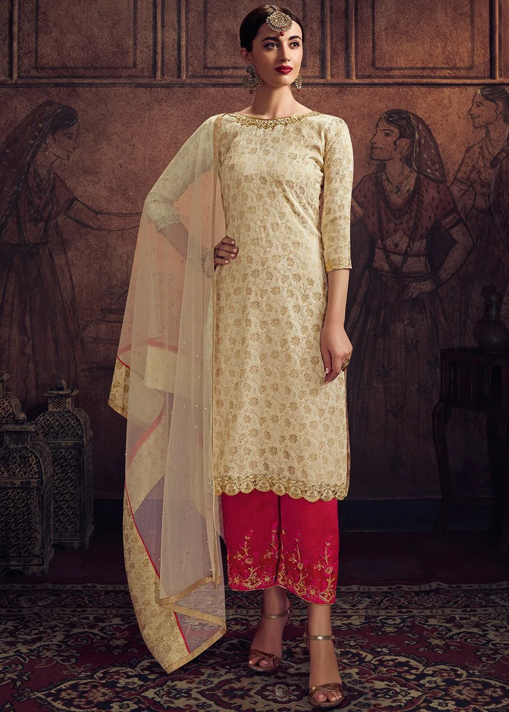 Off White And Pink Embroidered Pakistani Pant Suit