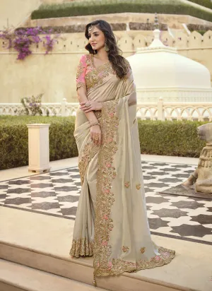 Off White And Pink Embroidered Party Wear Saree