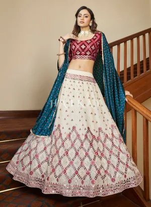 Off White And Pink Embroidered Wedding Lehenga Choli