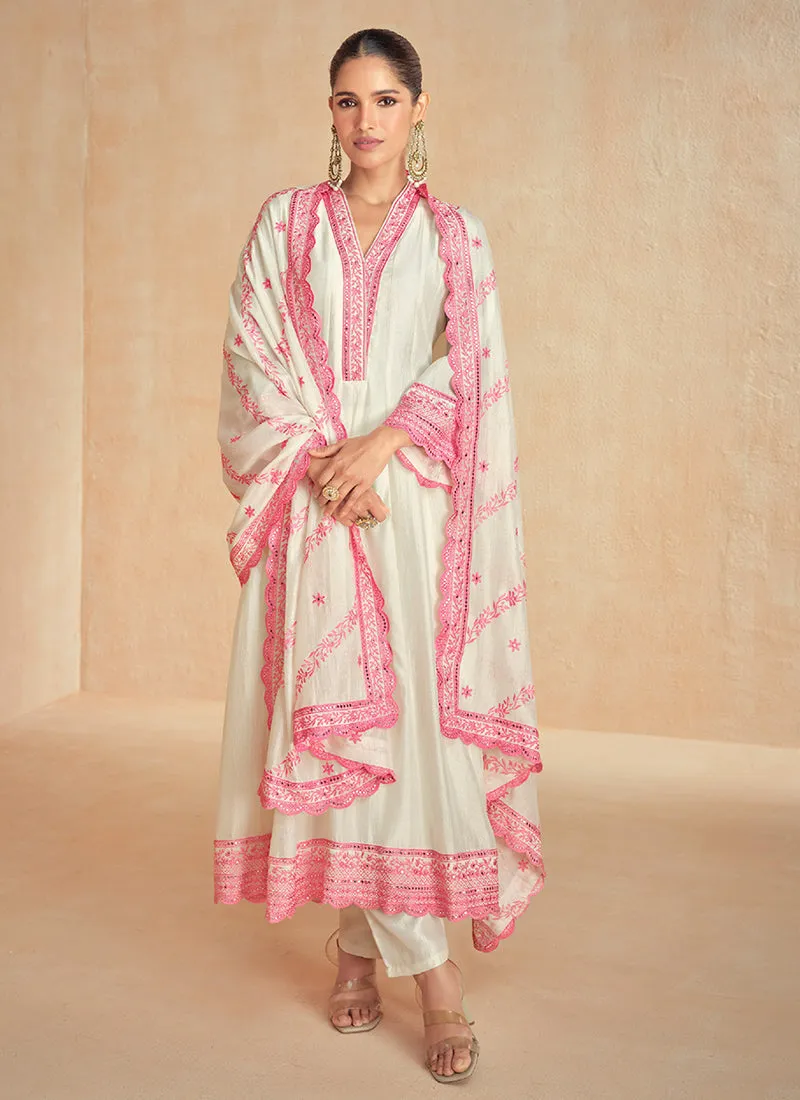 Off White And Pink Embroidery Slit Style Silk Anarkali Suit