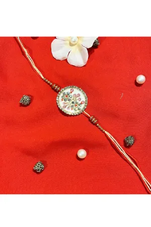 Off White And Red Hand Embroidered Adjustable Thread Rakhi