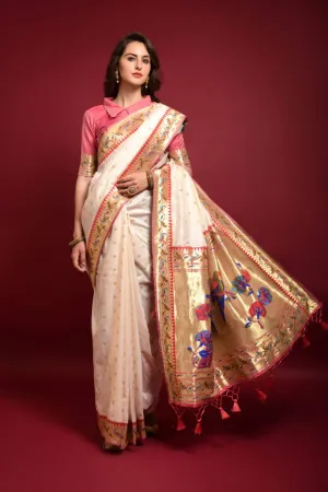 Off White Banarasi Soft Silk Paithani Saree