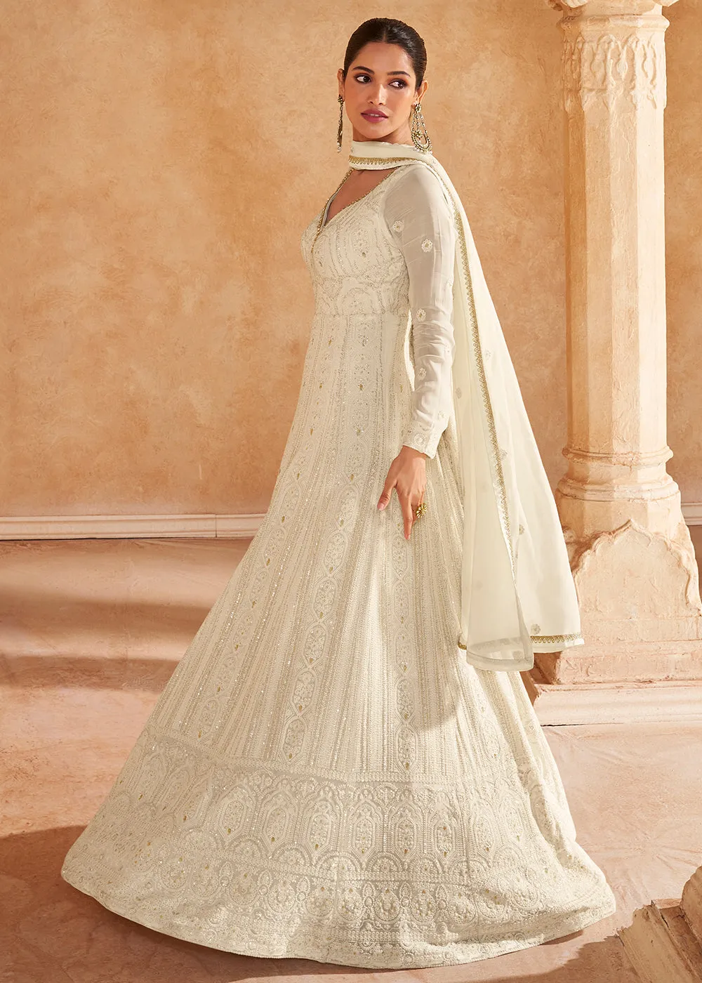 Off White Chikankari Embroidered Wedding Anarkali Gown