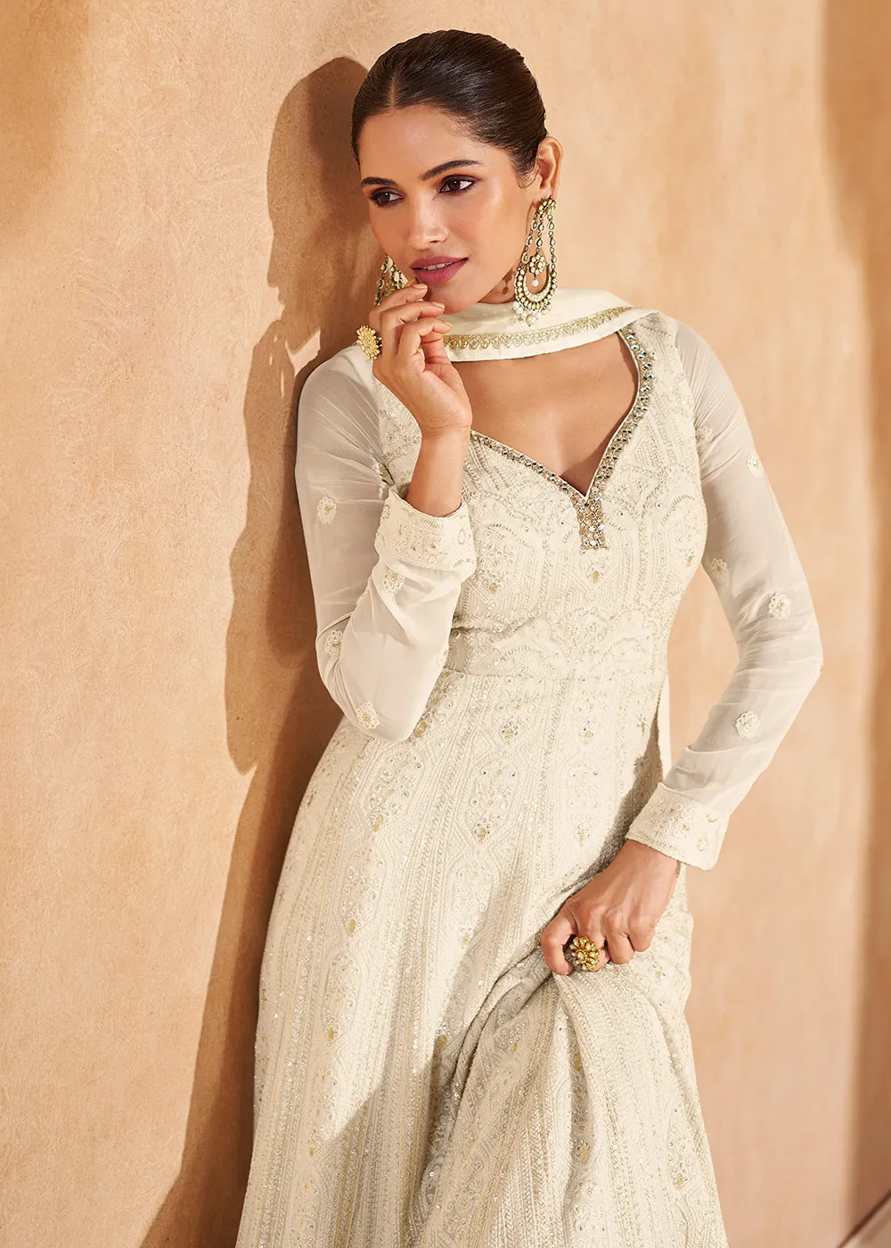 Off White Chikankari Embroidered Wedding Anarkali Gown