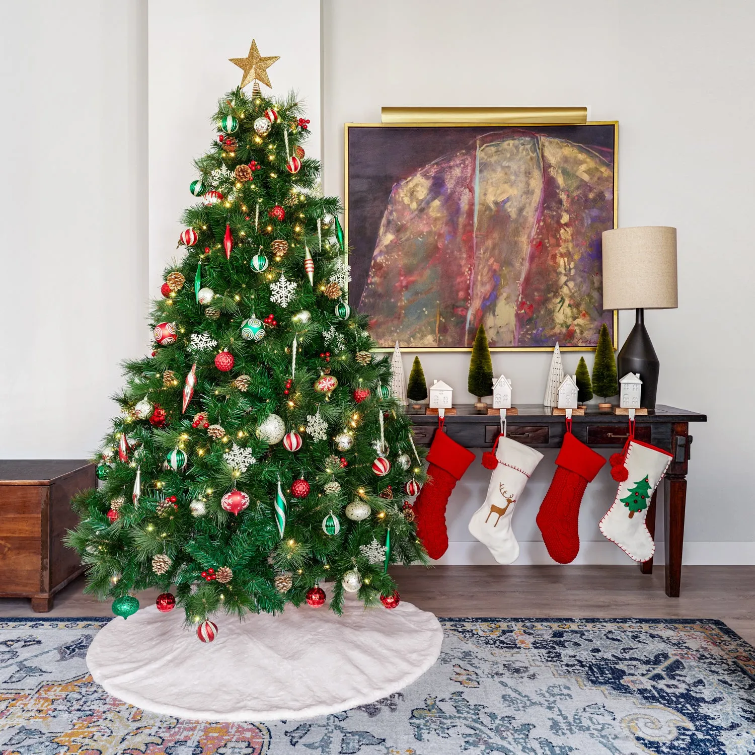 Off-White Christmas Tree Felt Stocking with Jingle Bell Details