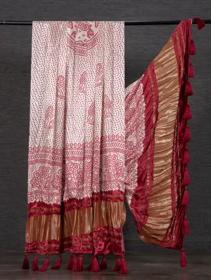 Off White Color Pure Gaji Silk Bandhani Printed Dupatta With Tassels