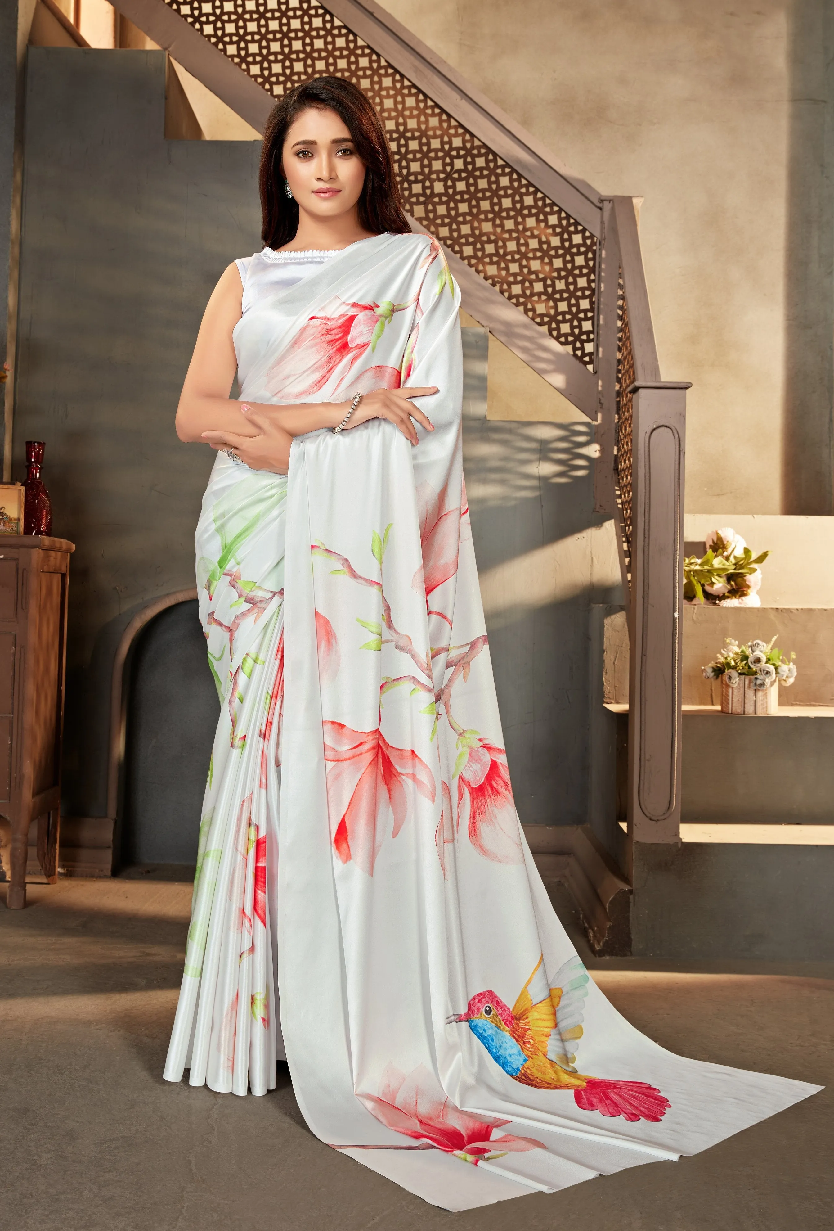 Off white color Satin digital print Saree