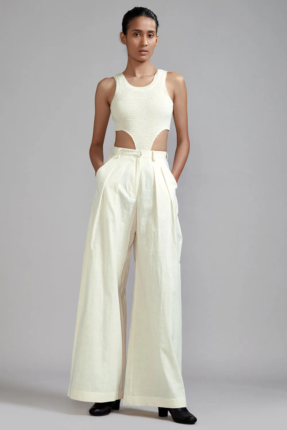 Off -White Cotton Pleated Pant Set