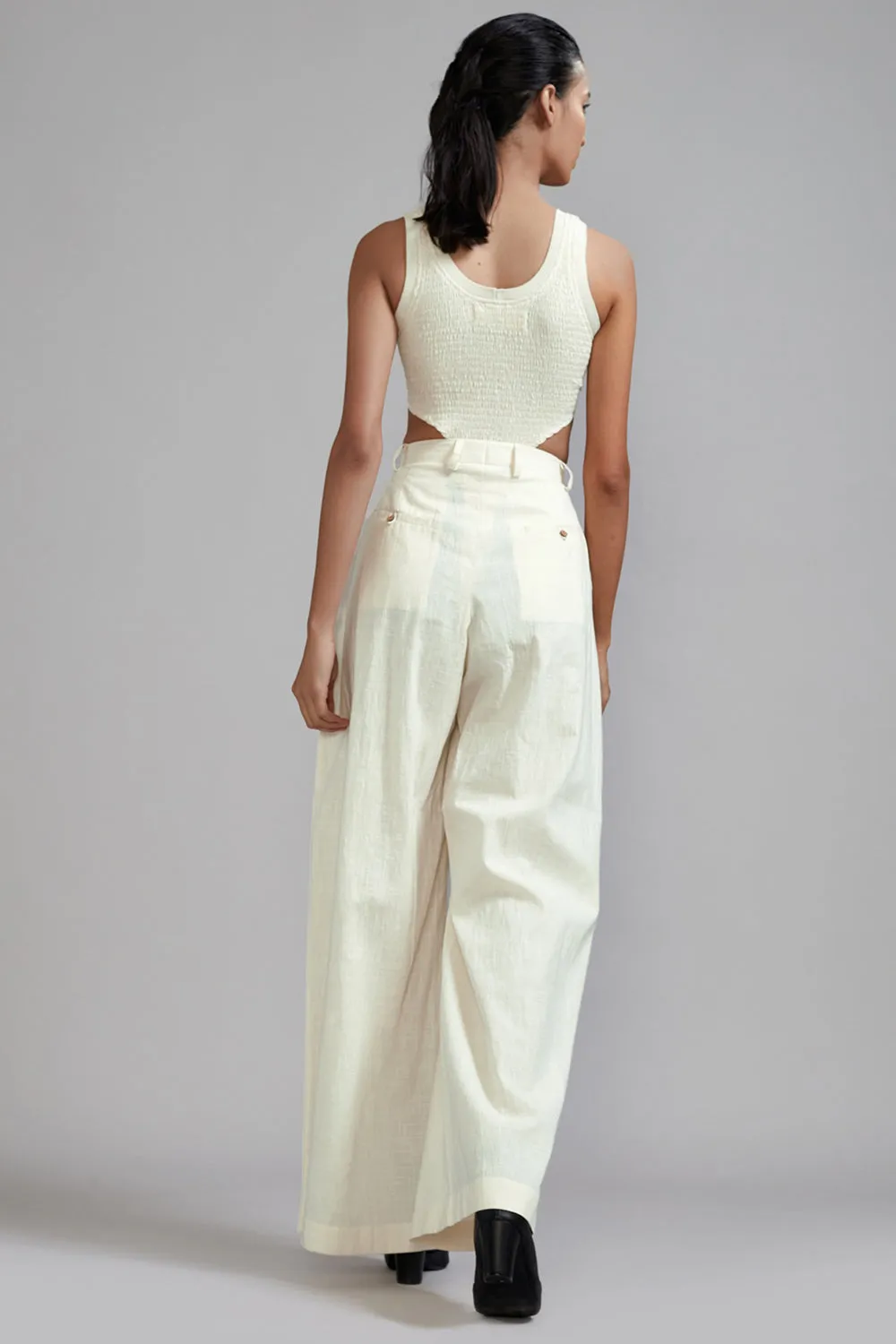 Off -White Cotton Pleated Pant Set