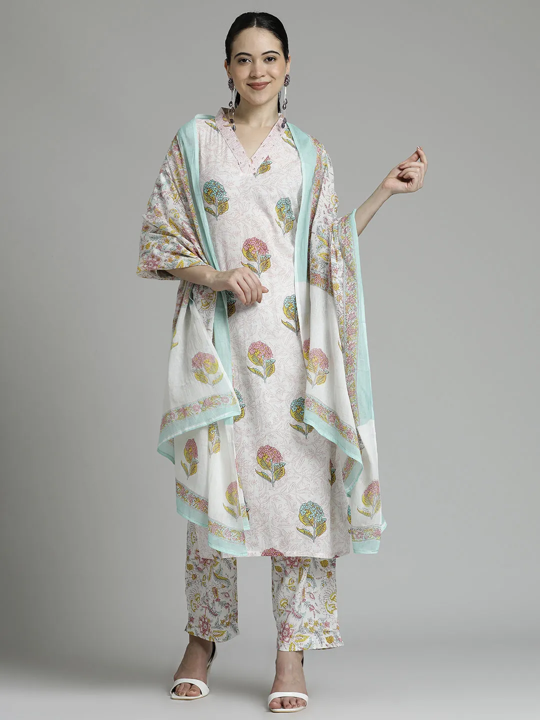 Off White Cream Floral Printed Cotton Suit Set