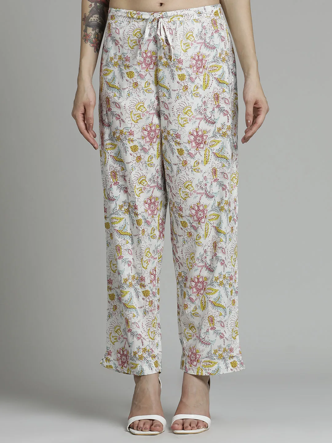 Off White Cream Floral Printed Cotton Suit Set