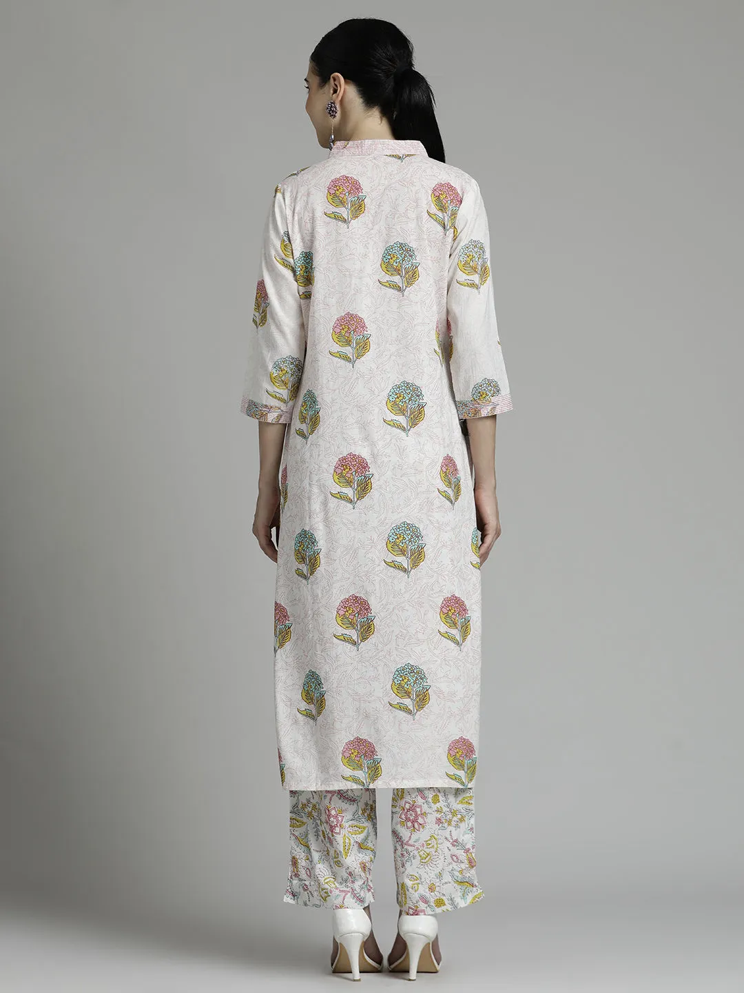 Off White Cream Floral Printed Cotton Suit Set