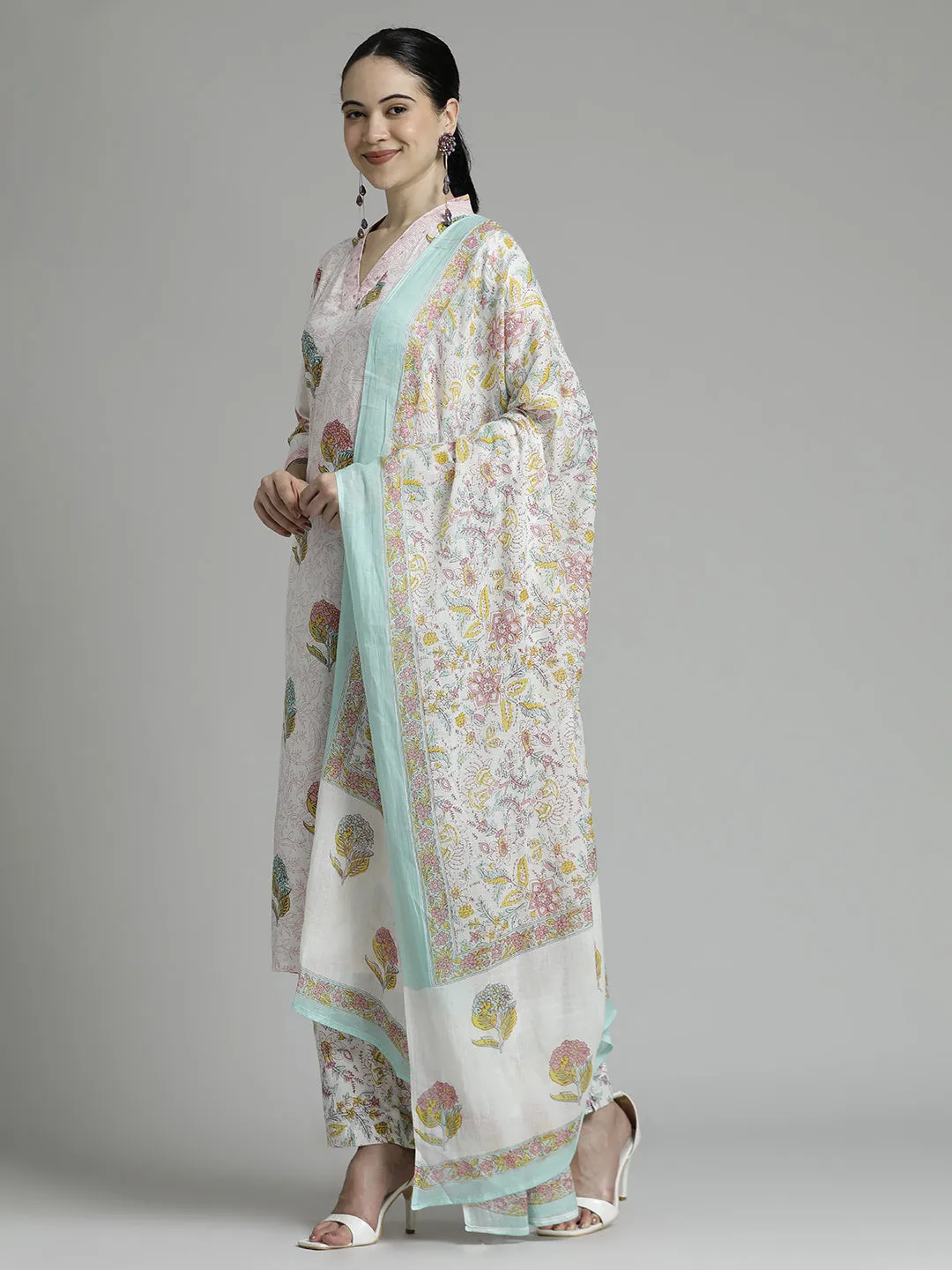 Off White Cream Floral Printed Cotton Suit Set