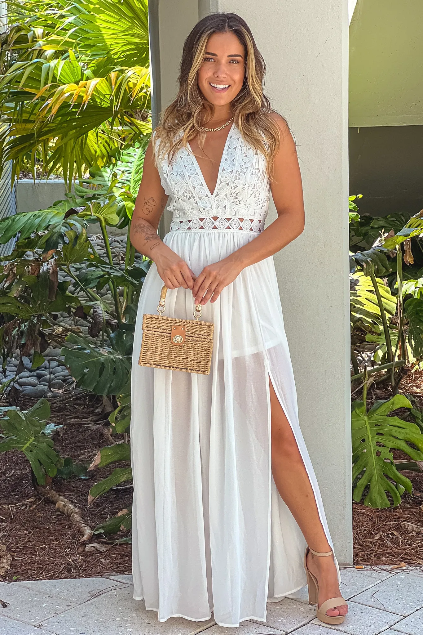 Off White Crochet V-Neck Top Maxi Dress With Slit