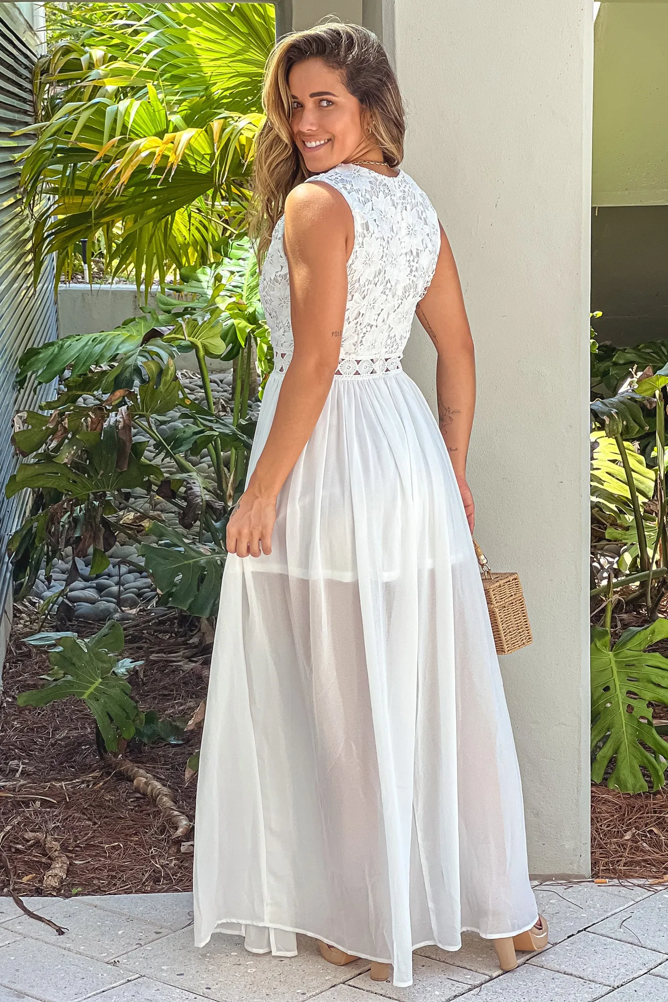 Off White Crochet V-Neck Top Maxi Dress With Slit