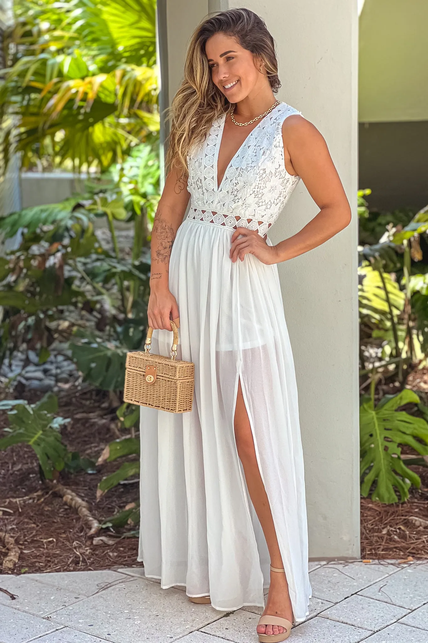 Off White Crochet V-Neck Top Maxi Dress With Slit