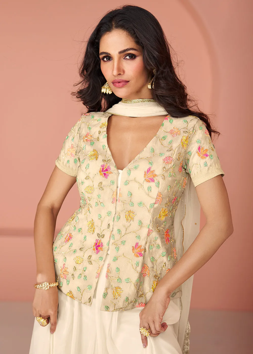 Off White Embroidered Georgette Indo Wester Palazzo Suit