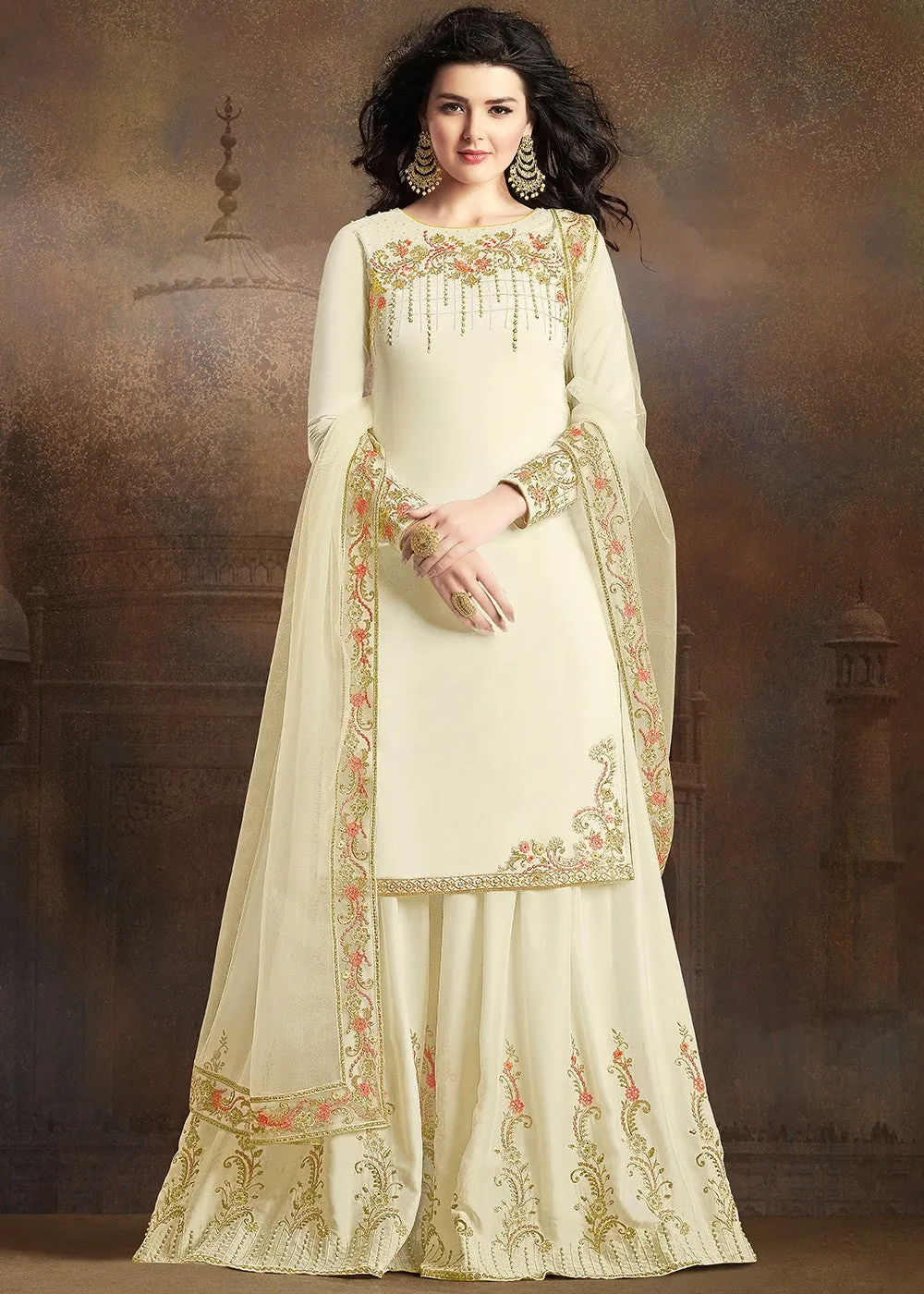 Off White Embroidered Indian Gharara Suit