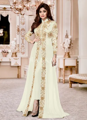 Off White Ethnic Embroidered Designer Slit Style Anarkali Pant Suit