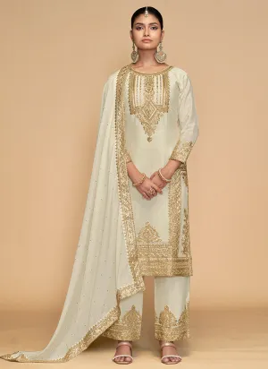 Off-White Golden Embroidered Pakistani Pant Style Suit