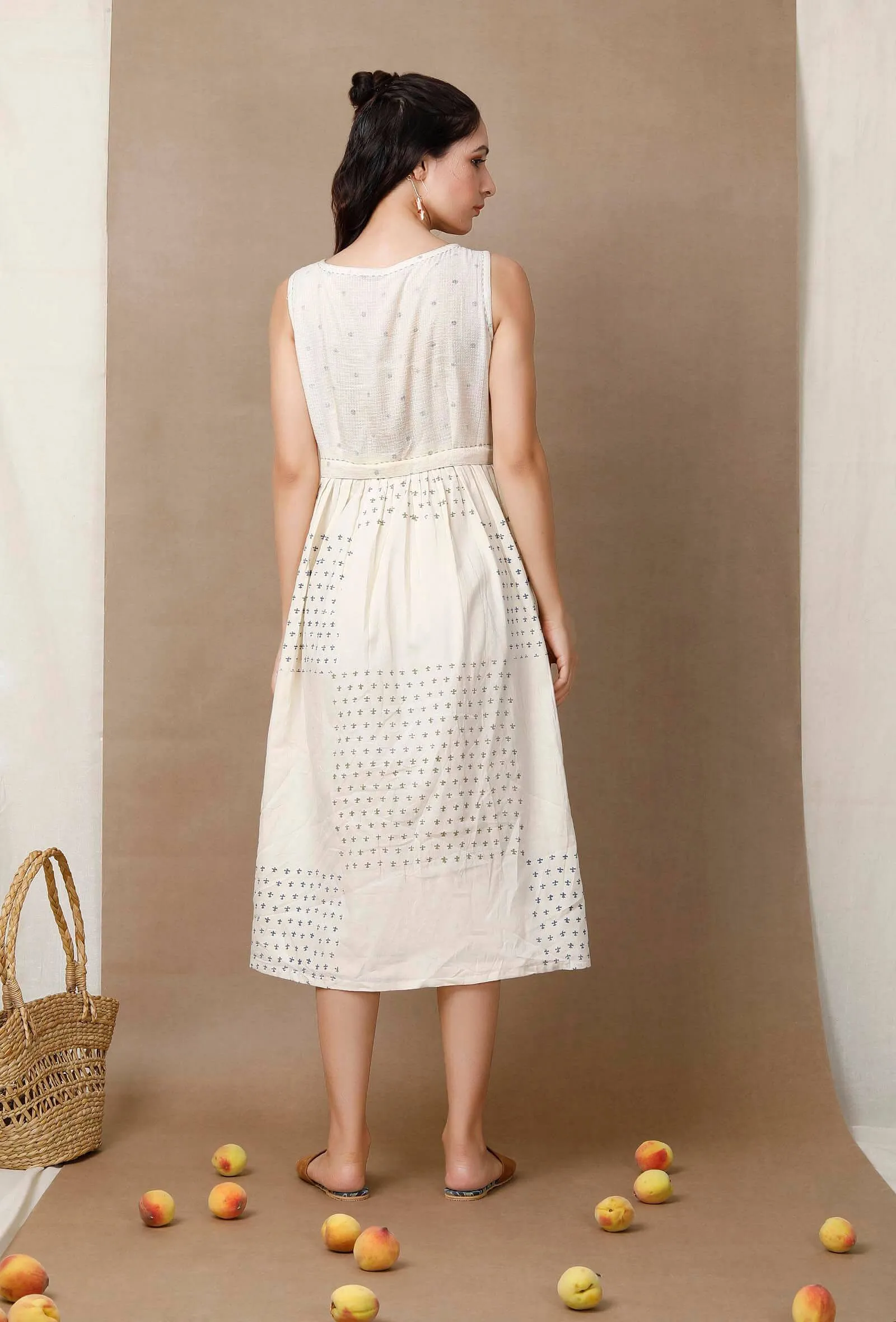 Off White Hand Block Printed Cotton Pleated Dress