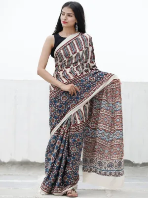 Off White Indigo Rust Ajrakh Hand Block Printed Modal Silk Saree in Natural Colors - S031703716