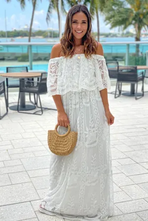 Off White Lace Off Shoulder Maxi Dress