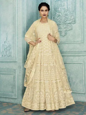 Off White Lucknowi Embroidered Kalidar Anarkali Suit