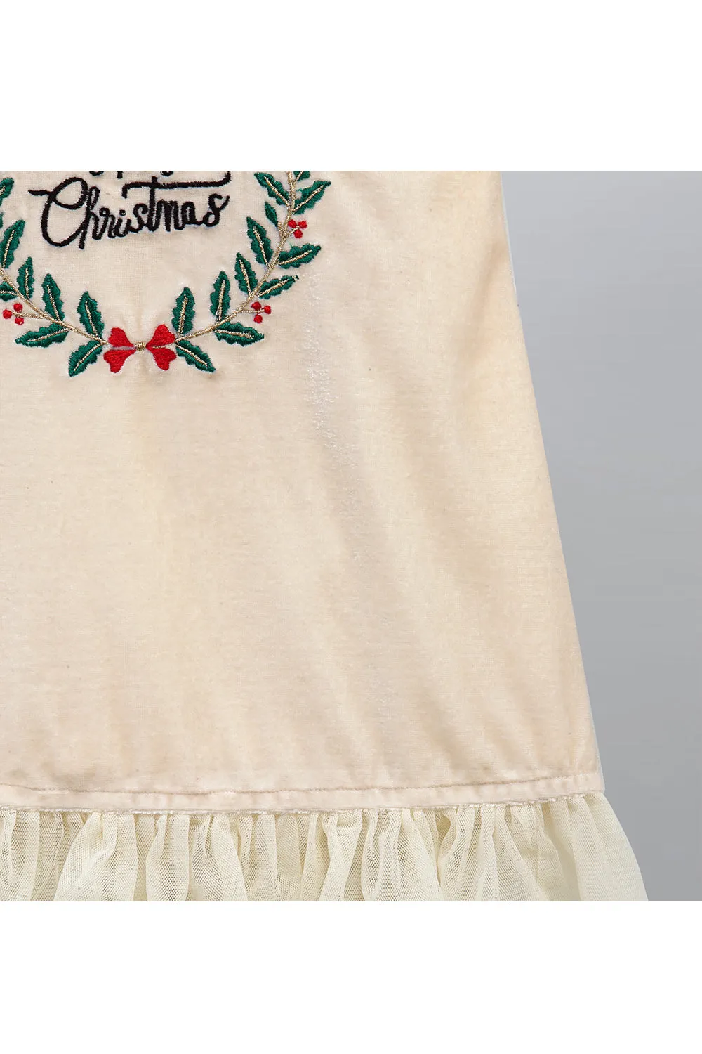 Off White Merry Christmas Embroidered Velvet Frill Dress