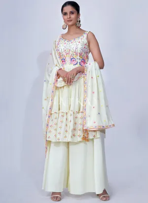 Off White Mirror Work Multi Embroidery Chiffon Palazzo Suit