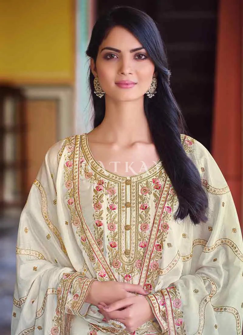 Off White Multi Embroidered Pakistani Pant Style Suit