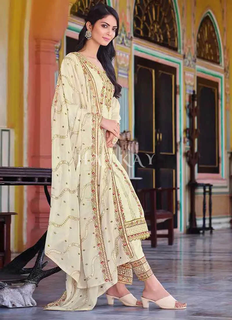 Off White Multi Embroidered Pakistani Pant Style Suit